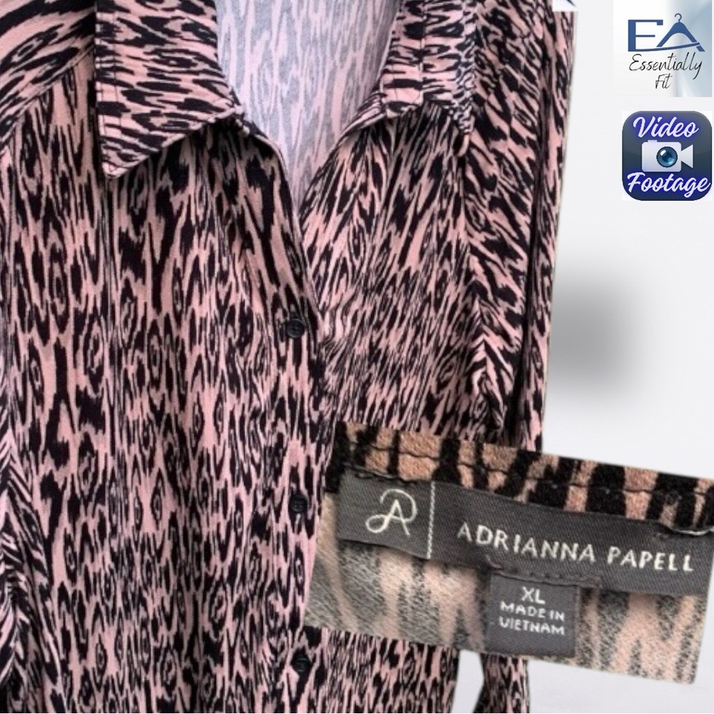 Adrianna Papell Taupe Black Animal Print Collared V-Neck Knit Blouse XL